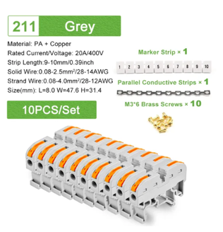Bloque de terminales de riel Din de 10 piezas, conexión rápida (a presión), viene con juego de tiras de números