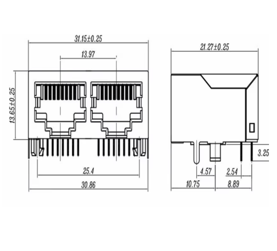 Conector RJ45 doble 1*2 RJ45 16 pines hembra PCB placa de ángulo recto conector Jack 8P8C toma de cabeza de cristal doble puerto 21mm interfaz de red