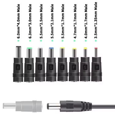 Conectores adaptador  de enchufe hembra individual DC, intercambiables para una adaptabilidad flexible a diferentes modelos de portátiles, mide 5.5x2.1mm