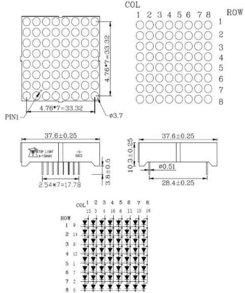 Display 8x8 Cátodo Común Leds rojos 3mm